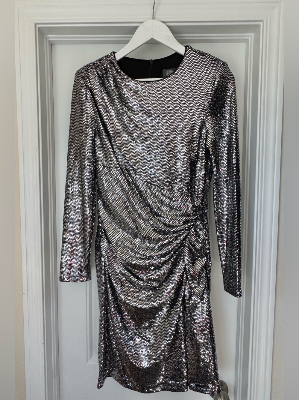 Vince Camuto Metallic Silver Long-Sleeve Sequin Dress